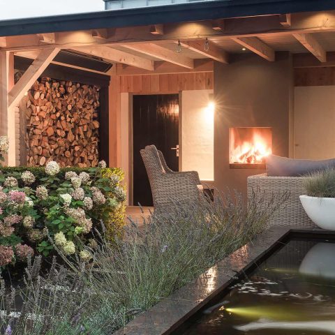 Landscaping with pond and veranda