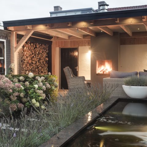 Landscaping with pond and veranda