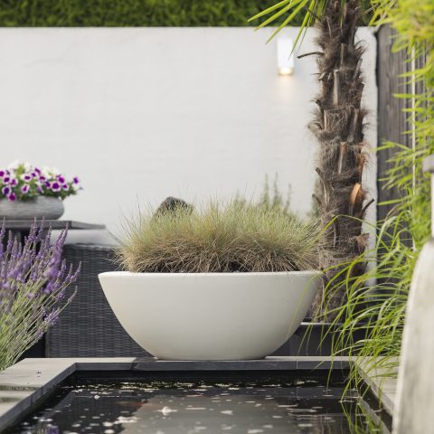 Landscaping with pond and veranda