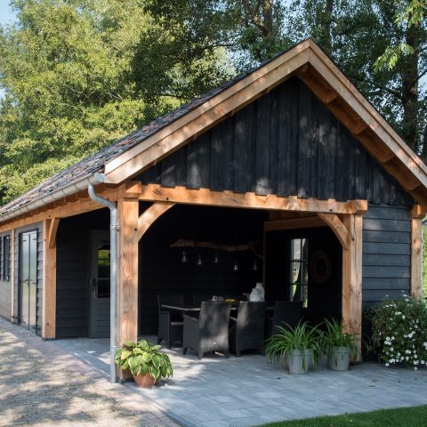 Wooden shed with canopy, carport, workshop and attic