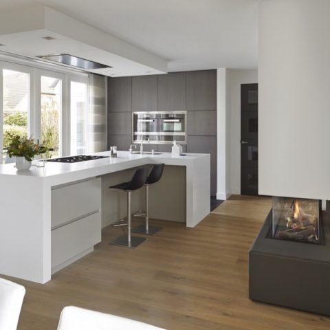 Luxury room divider fireplace with bench