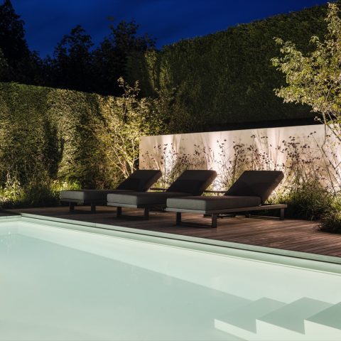 Wellness garden with luxurious outdoor fireplace