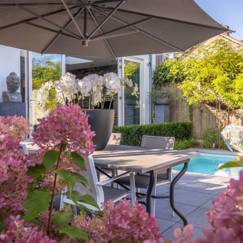 Small modern garden with plunge pool and veranda