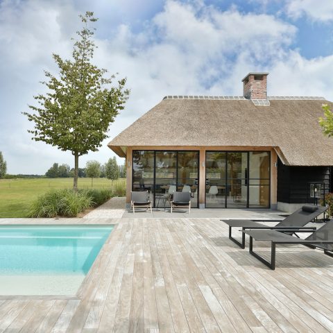 Slender steel folding doors in exclusive pool house