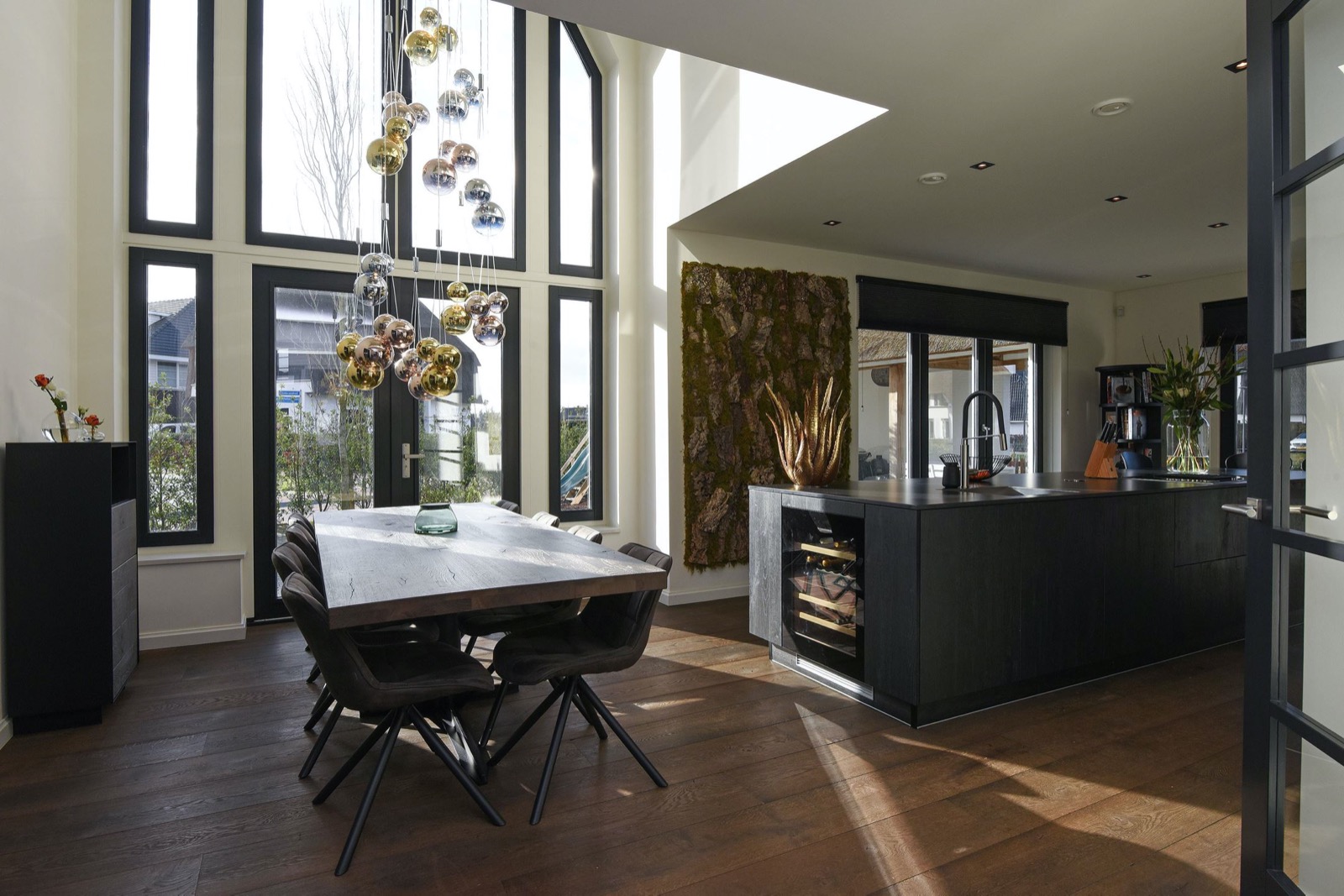 Modern villa with glass loft, beautiful tall windows with black frames, luxurious robust wooden floor ,Chair,Furniture,Indoors,Housing,Building,Room,Interior Design,Lobby,Living Room,Wood, Luxury, Design, Exclusive, Modern, Custom Made, Special, Beautiful