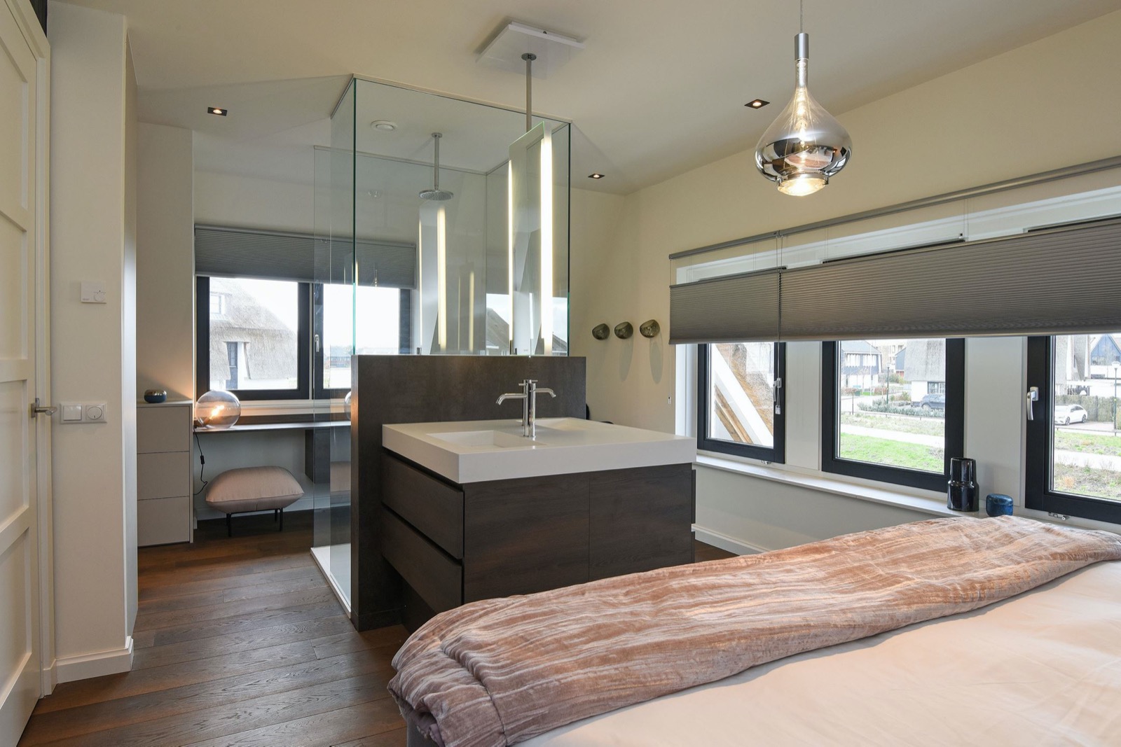 Beautiful wide plank floor, glass shower doors, bathroom inspiration ,Indoors,Housing,Building,Home Decor,Room,Rug,Corner,Furniture,Bedroom,Dorm Room, Luxury, Design, Exclusive, Modern, Custom Made, Special, Beautiful