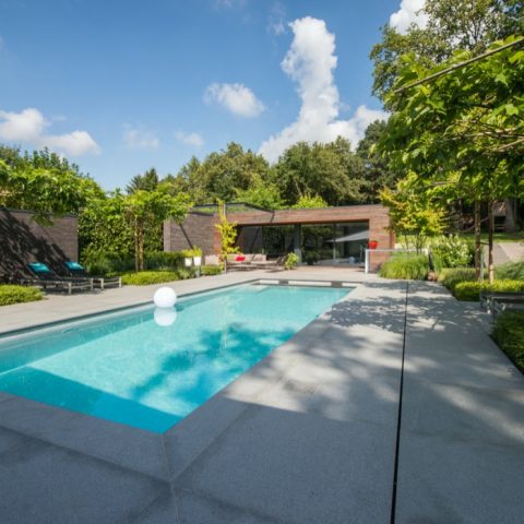 Moderne tuin met zwembad en poolhouse