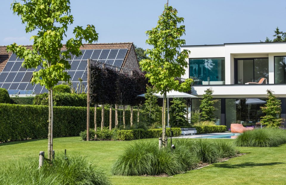 High end witte strakke villa met zwarte kozijnen, prachtige groene tuin, luxe ingebouwd zwembad,Gras, Plant, Gazon, Vegetatie, Boom, Huisvesting, Gebouw, Struik, Buitenshuis, Bos, Luxe, Design, Exclusief, Modern, Maatwerk, Bijzondere, Mooie