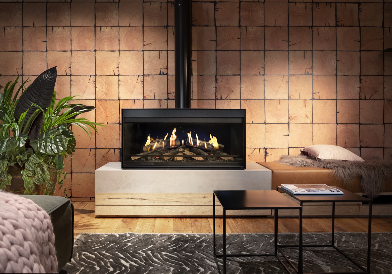 High end black gas fireplace, luxury high gloss black exhaust pipe ,Fireplace,Indoors,Hearth,Furniture,Table,Tabletop,Rug,Interior Design,Coffee Table,Home Decor, Luxury, Design, Exclusive, Modern, Custom Made, Special, Beautiful