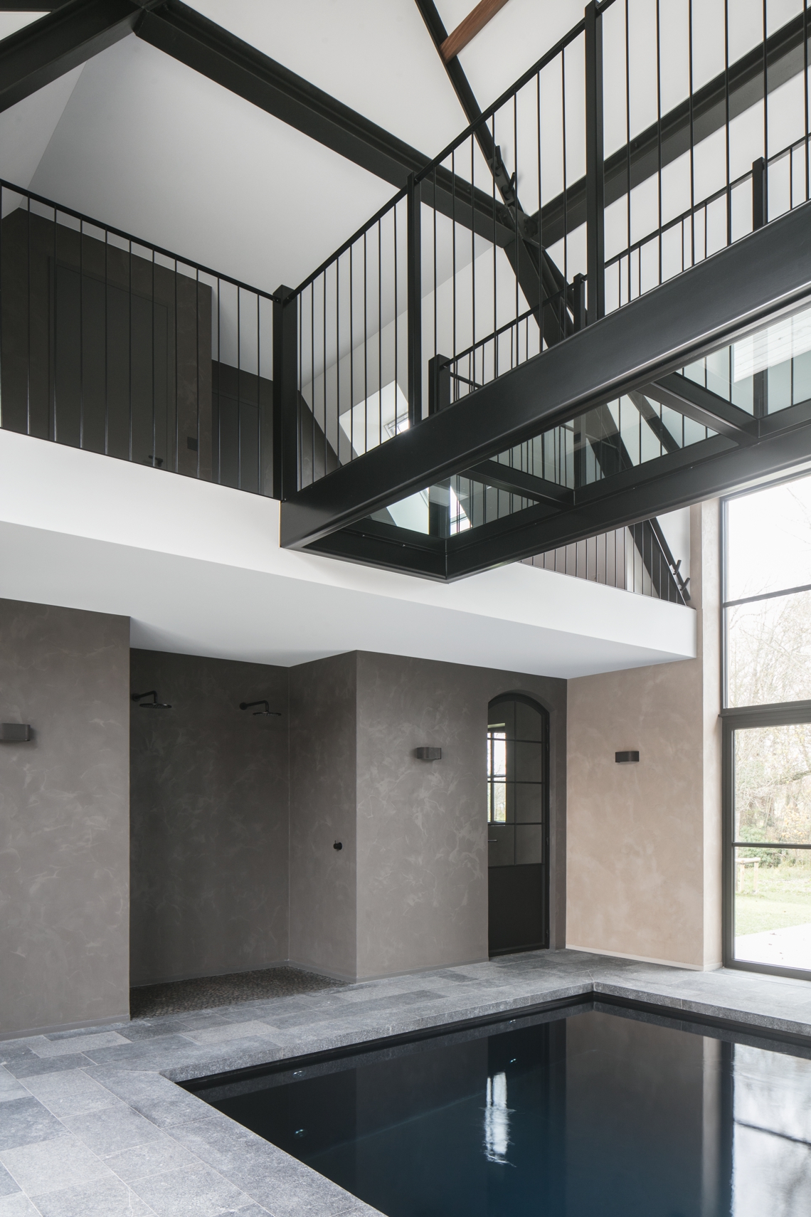 Luxurious modern high quality indoor pool ,Housing,Building,Loft,Indoors,Staircase,Architecture,Concrete,Condo,Lobby,Room, Luxury, Design, Exclusive, Modern, Custom Made, Special, Beautiful