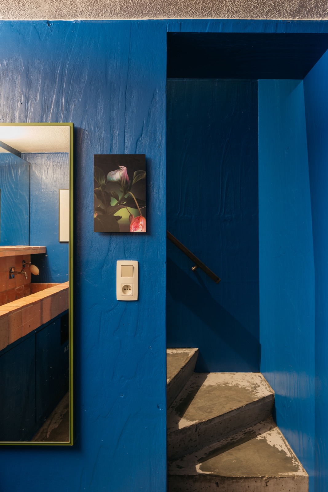 Modern beige tiles with blue motif, concrete floor, blue walls with motif ,Furniture,Interior Design,Indoors,Wood,Table,Room,Housing,Building,Plywood,Reception, Luxury, Design, Exclusive, Modern, Custom Made, Special, Beautiful