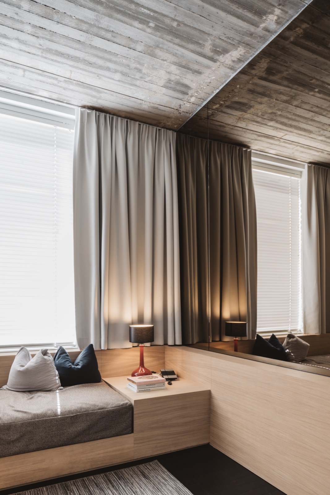 Modern wooden sofa with grey cushions, high gloss white round dining table, wooden dining chairs with beige upholstery ,Home Decor,Furniture,Interior Design,Indoors,Wood,Living Room,Room,Housing,Table,Curtain, Luxury, Design, Exclusive, Modern, Custom Made, Special, Beautiful
