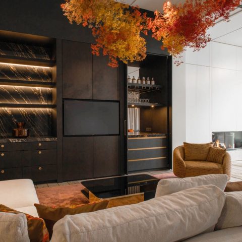 Custom fireplace cabinet and TV/bar cabinet for Ambertree showroom in Antwerp