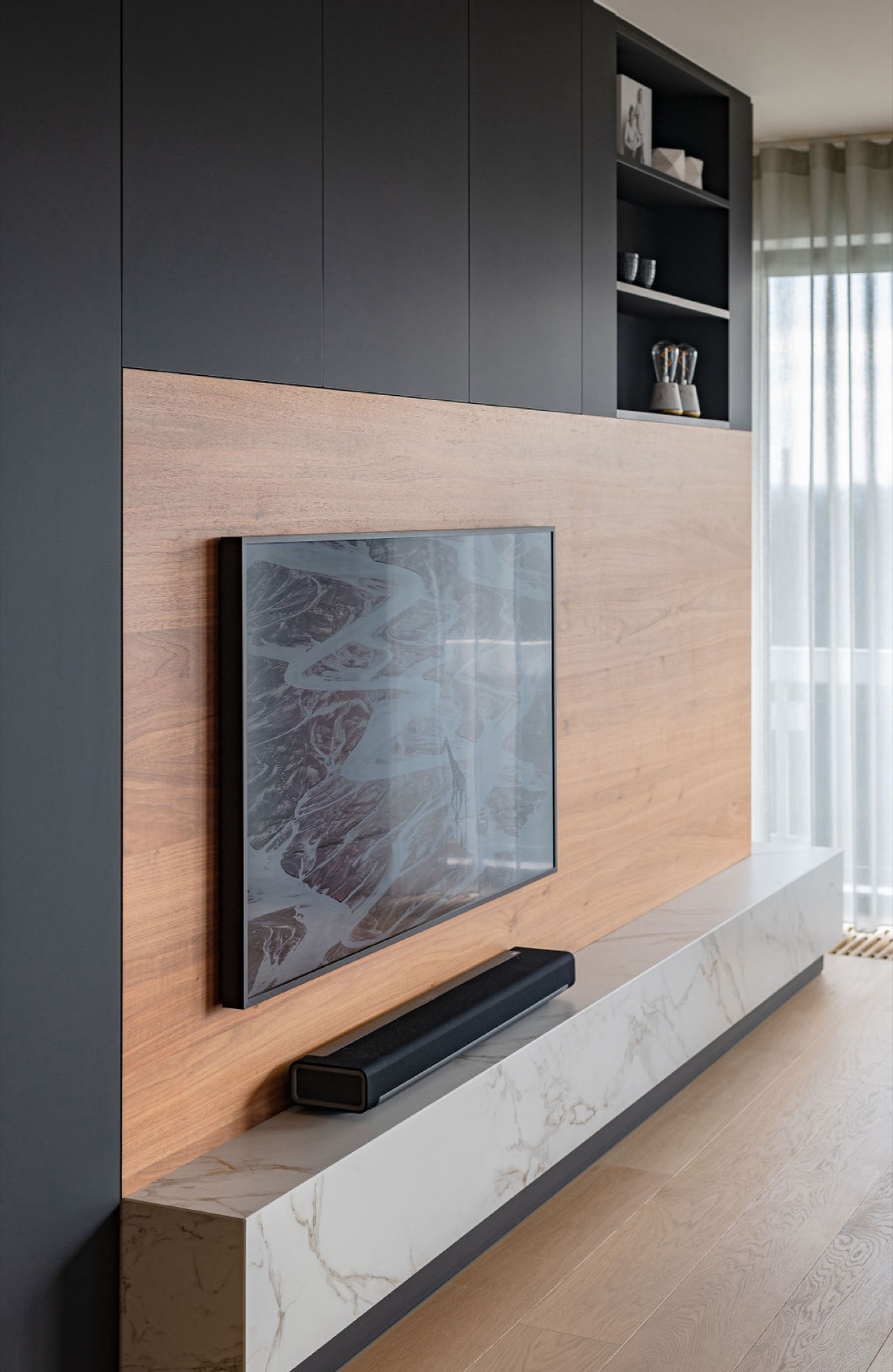Luxury TV cabinet with wooden elements,Wood,Hardwood,Furniture,Tabletop,Corner,Fireplace,Screen,Sideboard,Monitor,Stained Wood, Luxury, Design, Exclusive, Modern, Custom Made, Special, Beautiful