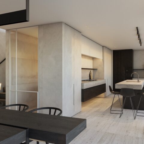 Maison aux tons neutres et contraste chaleureux