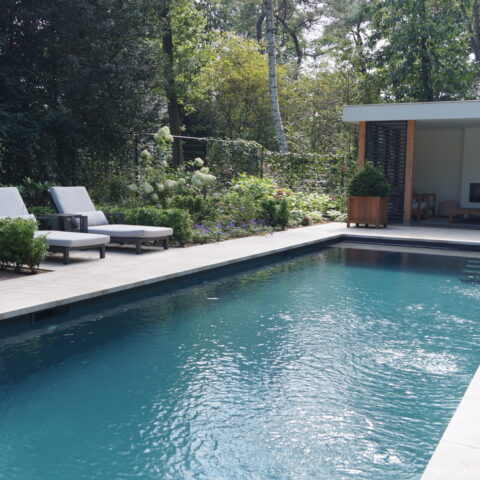 Garden with elevation and pool
