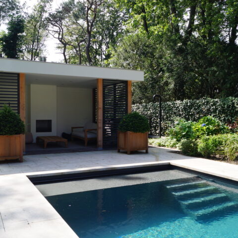 Garden with elevation and pool
