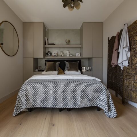 Wide oak plank flooring in spacious apartment