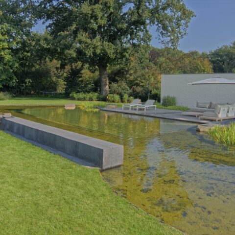 Tuin met grote zwemvijver