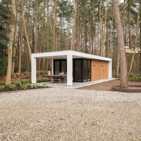 Modern garden office with awning and storage shed