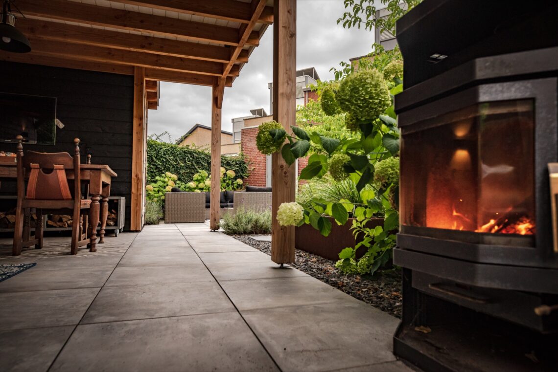 a building next to a fireplace