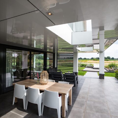 Project: modern house with a thatched roof and covered terrace with slats
