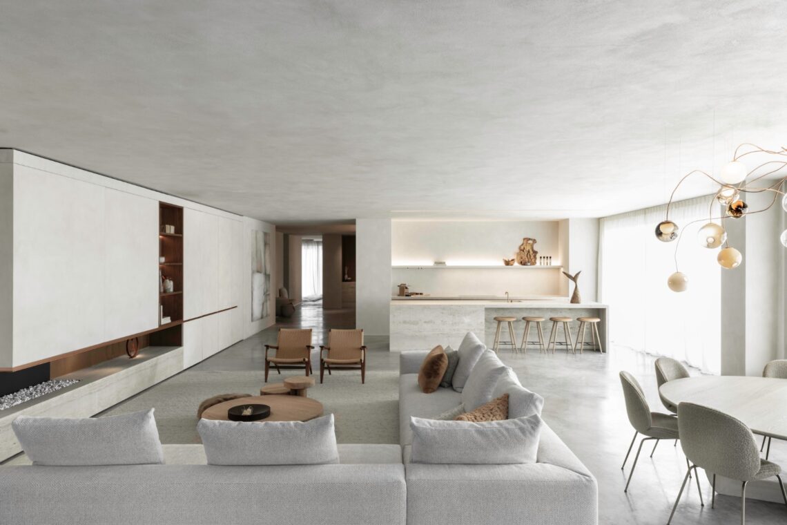 a bedroom with a view of a living room