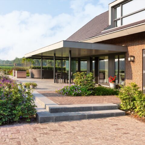 Landscaped garden with horse pasture
