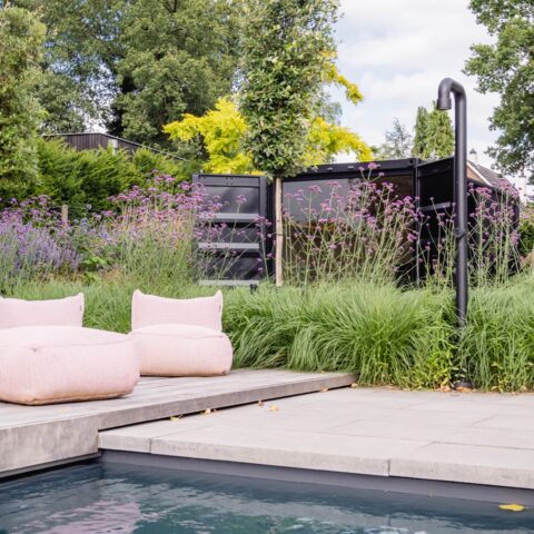 An expansive garden with garden office and wellness unit