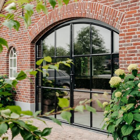 Exterior steel door in a residential farmhouse