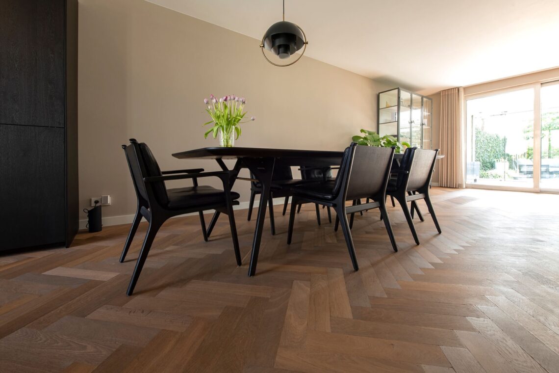 Curated visual reference: Cozy Scandinavian Outdoor Living Space Herringbone Flooring Design Reference: Dark Herringbone Flooring With Locking Tape
