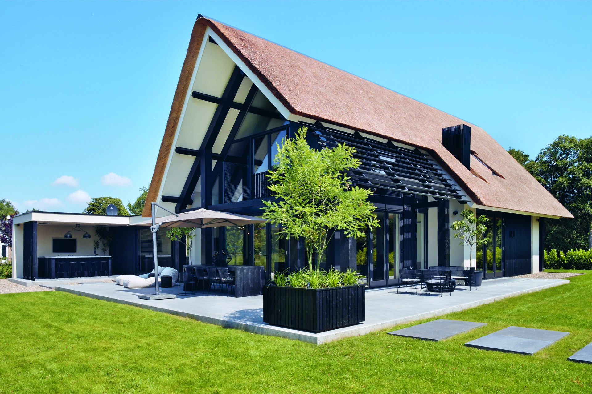 modern waterfront villa: modern villa facade with canopy and large glass openings above a concrete terrace, Luxury, Design, Exclusive, Modern, Custom Made, Special, Beautiful