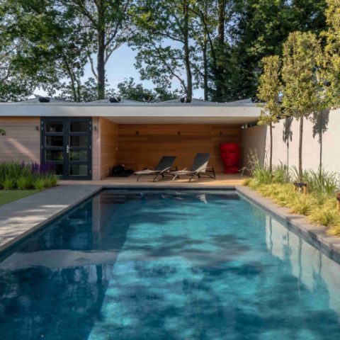 giardino wellness con piscina: piscina rettangolare moderna in un giardino wellness davanti a un padiglione in legno, Luxury, Design, Exclusive, Modern, Custom Made, Special, Beautiful