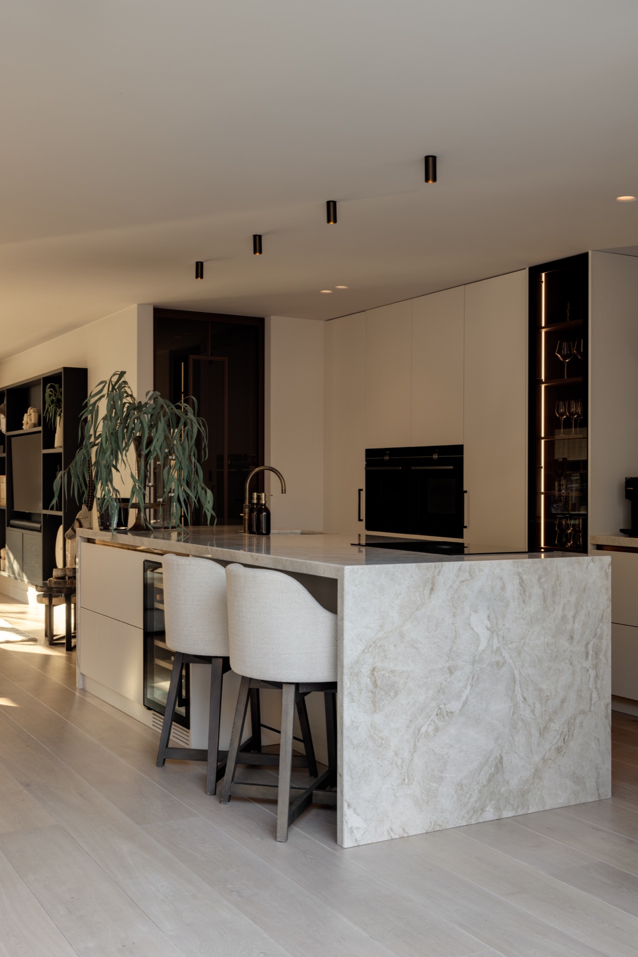 minimalist kitchen: modern kitchen with marble island and glass storage module with lighting, Luxury, Design, Exclusive, Modern, Custom Made, Special, Beautiful