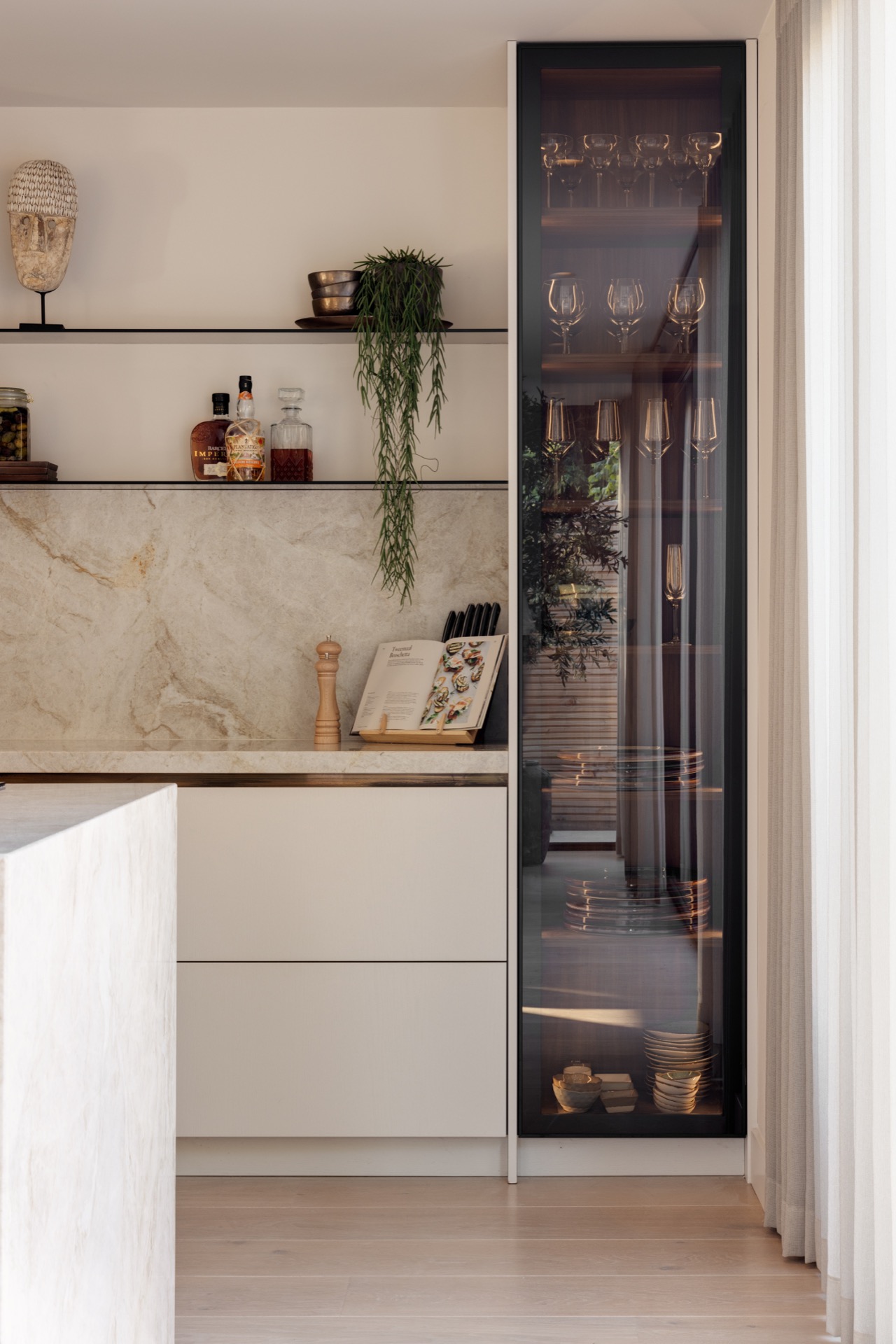 minimalist kitchen: kitchen with glass wine cabinet, white cabinets and open shelves, Luxury, Design, Exclusive, Modern, Custom Made, Special, Beautiful