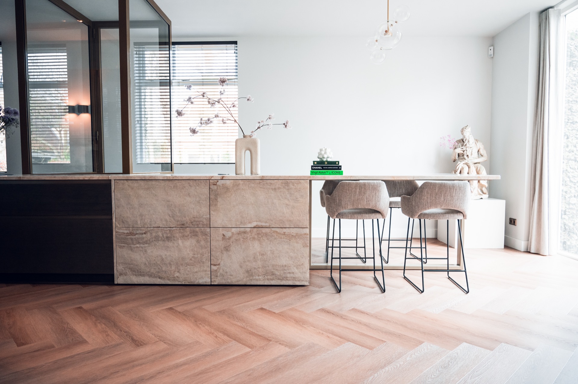 kitchen island with glass display and optical zoning: modern kitchen with long kitchen island, bar stools and glass, Luxury, Design, Exclusive, Modern, Custom Made, Special, Beautiful