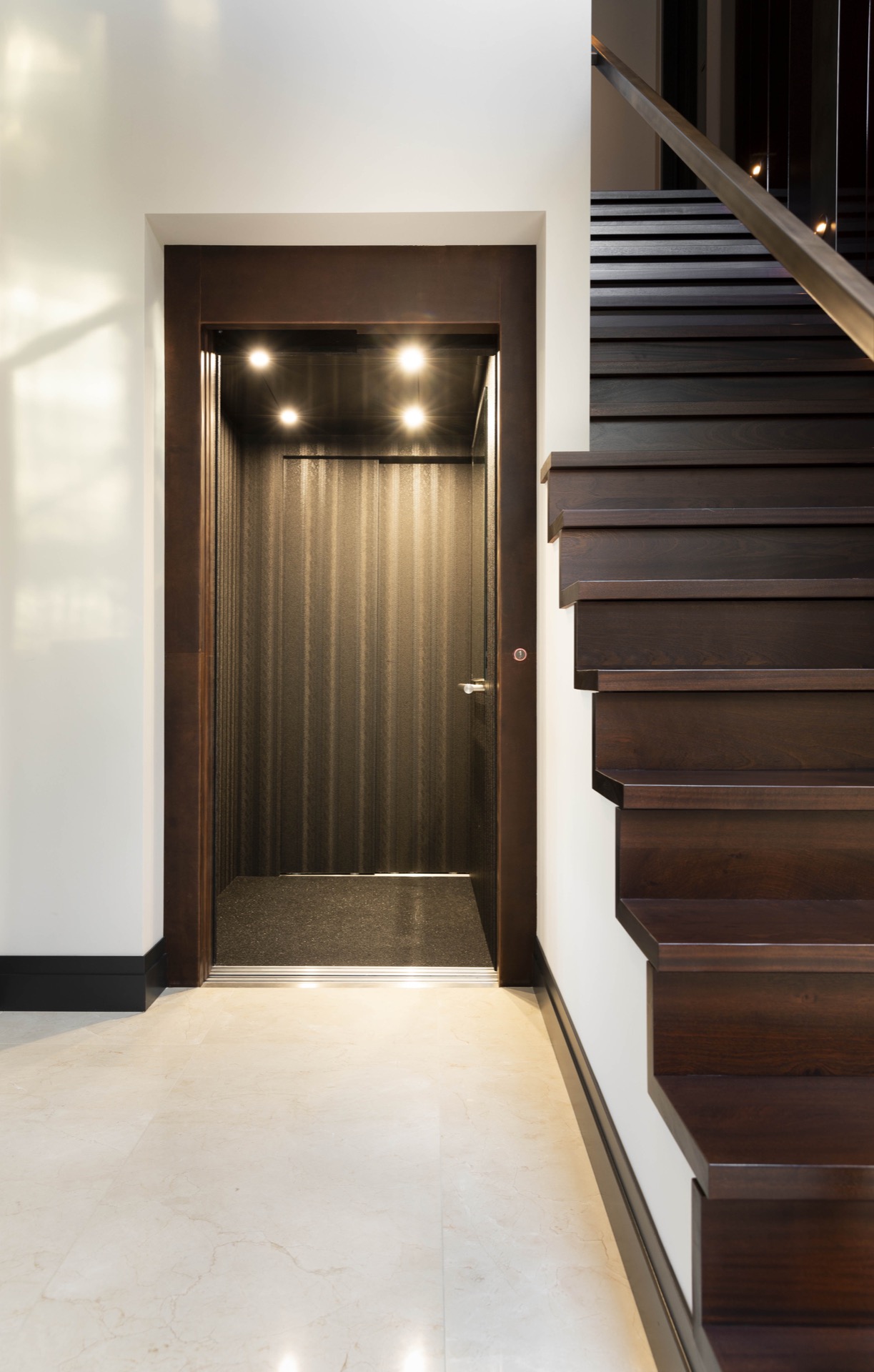 monte-charge cabine aspect cuir: vue avant cabine de lift avec habillage aspect cuir marron foncé et tapis d’entrée, Luxury, Design, Exclusive, Modern, Custom Made, Special, Beautiful