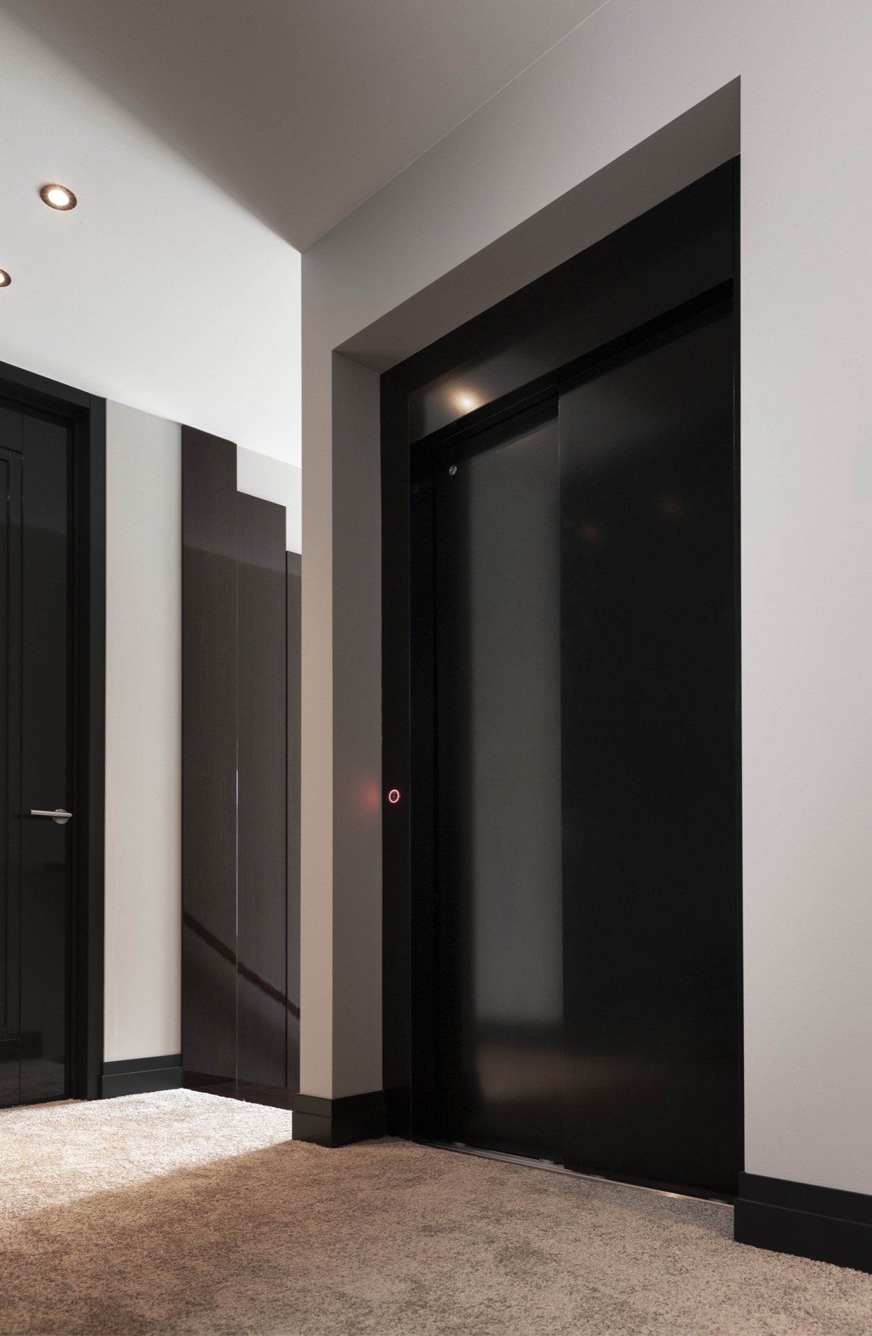 monte-charge cabine aspect cuir: cabine de lift ouverte avec habillage aspect cuir marron foncé et poignée, Luxury, Design, Exclusive, Modern, Custom Made, Special, Beautiful