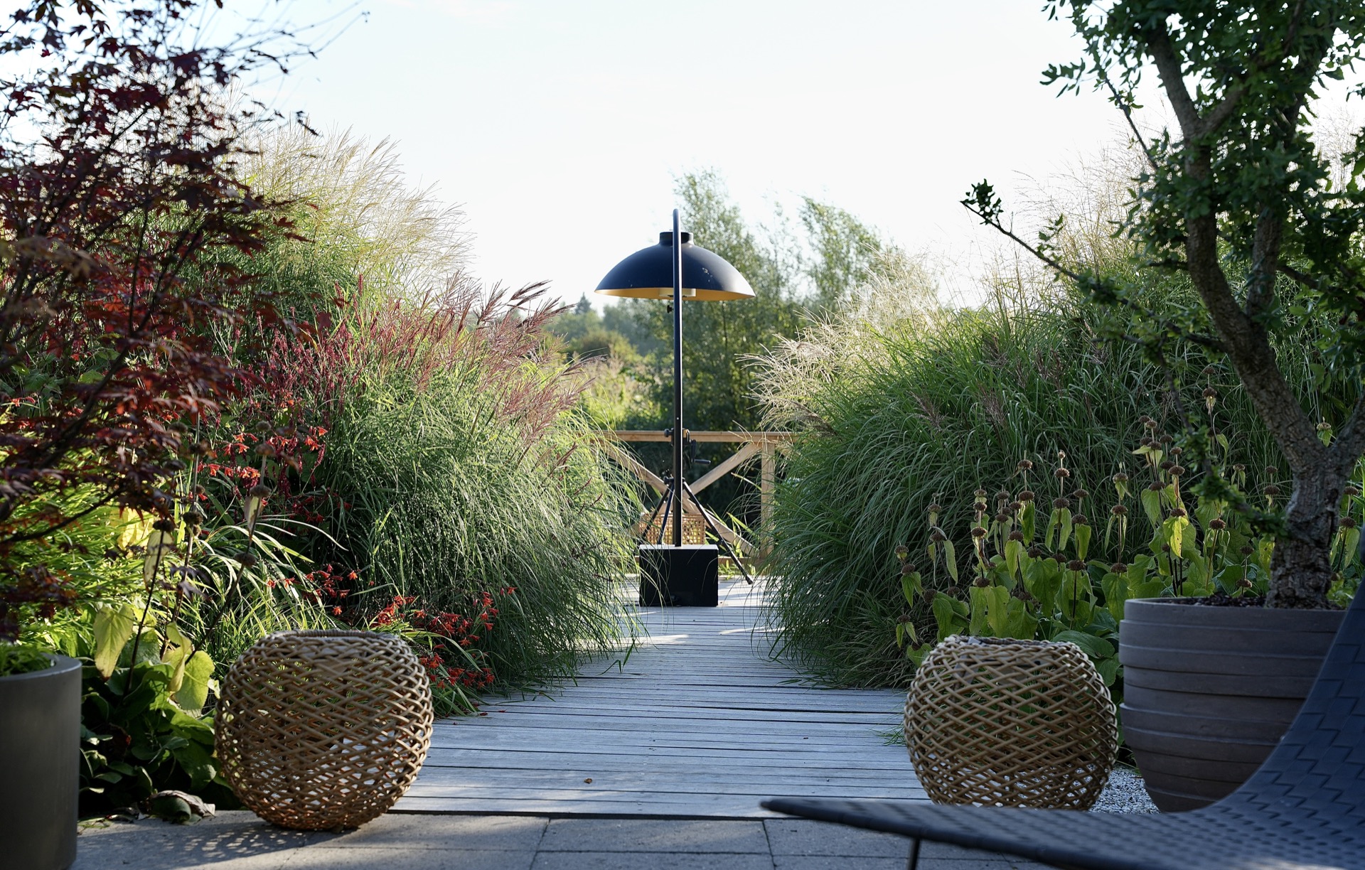 moderne Show-Garten Ideen mit Outdoor-Küche und Lounge: gartenweg mit Stehleuchte und Ziergräsern im modernen Show-Garten, Luxury, Design, Exclusive, Modern, Custom Made, Special, Beautiful