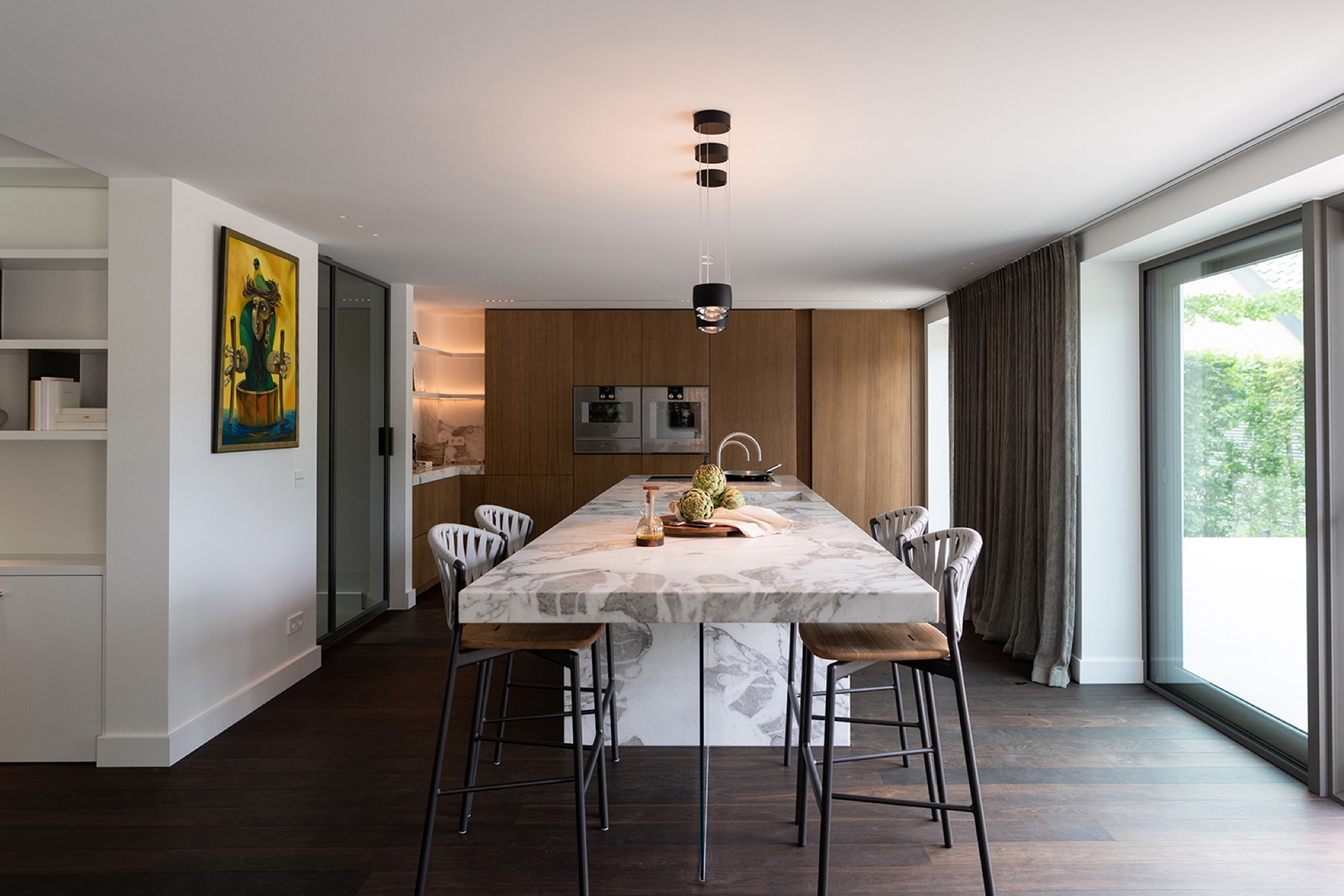 luxury full home interior: luxury kitchen with marble island, warm wood fronts, and built-in appliances, Luxury, Design, Exclusive, Modern, Custom Made, Special, Beautiful