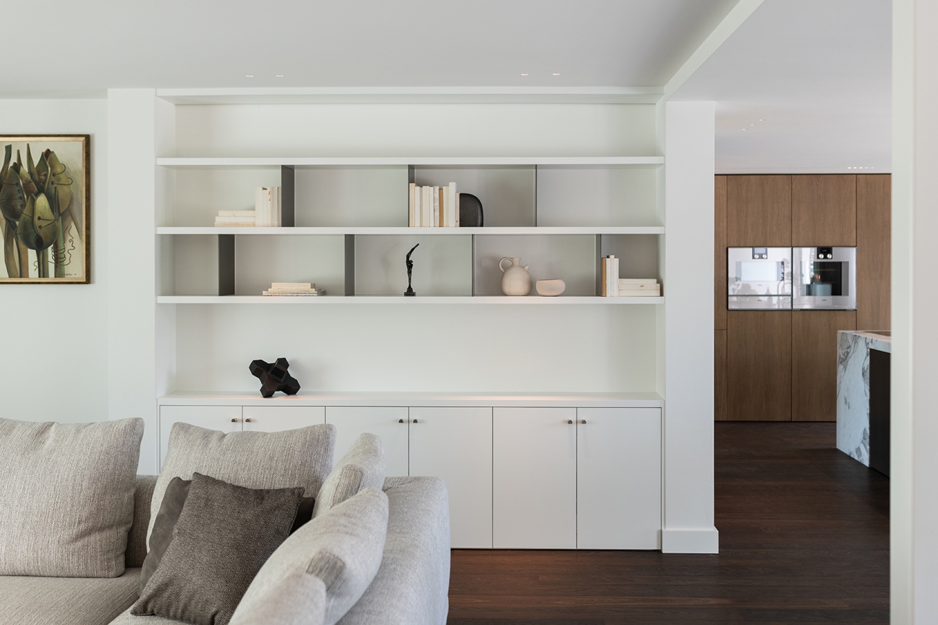 luxury full home interior: living room with custom white wall unit, niches, and view to a wood kitchen wall, Luxury, Design, Exclusive, Modern, Custom Made, Special, Beautiful