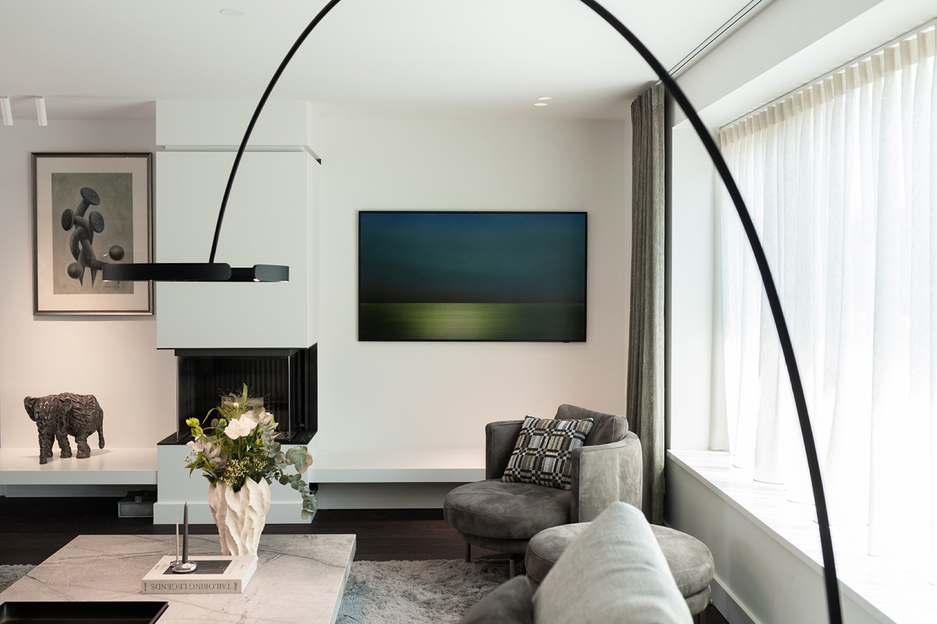 luxury full home interior: modern living room with open fireplace, clean light line, and seating by the window, Luxury, Design, Exclusive, Modern, Custom Made, Special, Beautiful