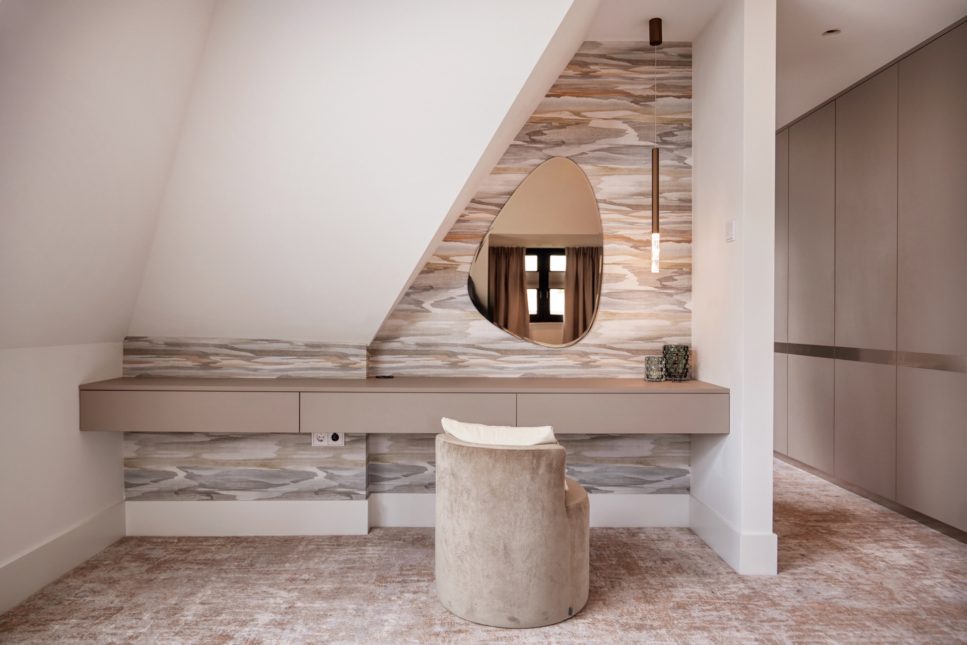 indirect LED lighting in a luxury villa interior: close-up of a stone-look countertop with warm wall spotlights in a modern, Luxury, Design, Exclusive, Modern, Custom Made, Special, Beautiful
