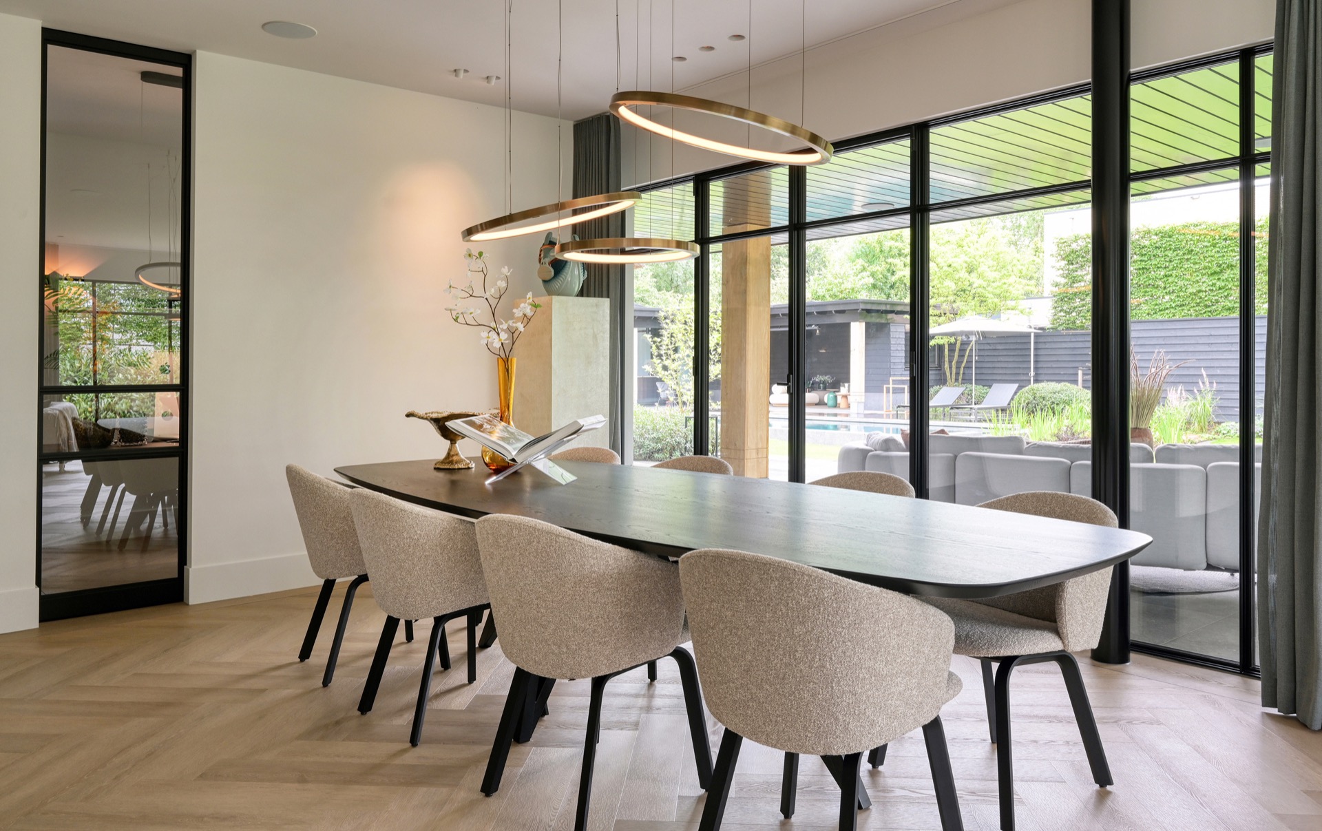 indirect LED lighting in a luxury villa interior: lounge corner with hanging glass lights and clean wall lighting in a, Luxury, Design, Exclusive, Modern, Custom Made, Special, Beautiful