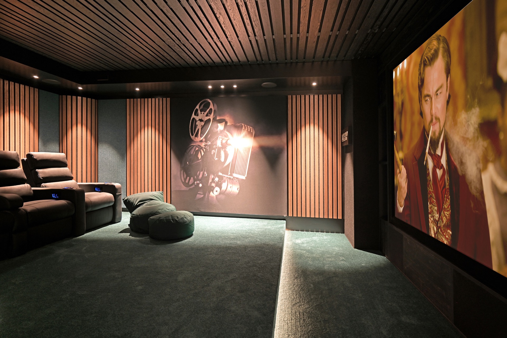 indirect LED lighting in a luxury villa interior: detail of fitness room with vertical wood slat wall and integrated light, Luxury, Design, Exclusive, Modern, Custom Made, Special, Beautiful