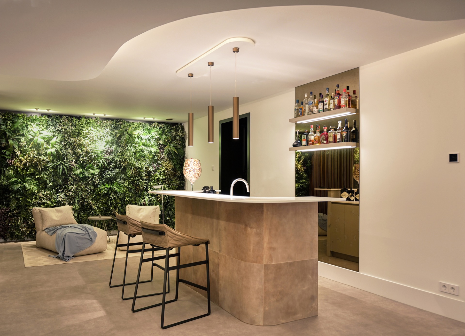 indirect LED lighting in a luxury villa interior: entertainment room with wood slat wall and ambient lighting in a modern, Luxury, Design, Exclusive, Modern, Custom Made, Special, Beautiful