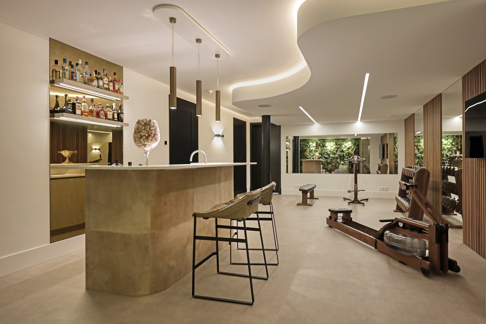 indirect LED lighting in a luxury villa interior: luxury kitchen with curved indirect LED strip and hanging lights over an, Luxury, Design, Exclusive, Modern, Custom Made, Special, Beautiful