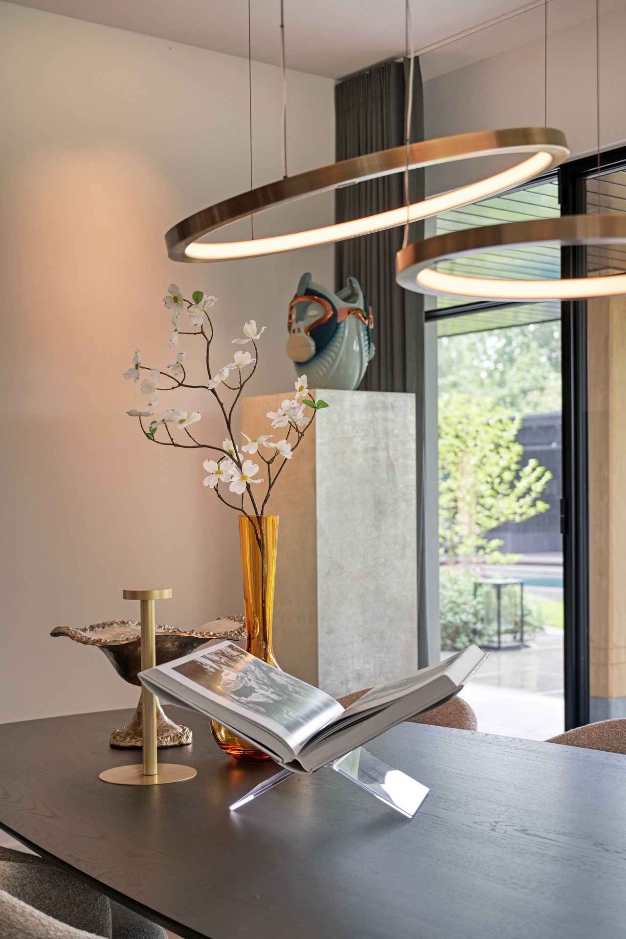 indirect LED lighting in a luxury villa interior: living area with large window and hanging lights with warm glow above the, Luxury, Design, Exclusive, Modern, Custom Made, Special, Beautiful