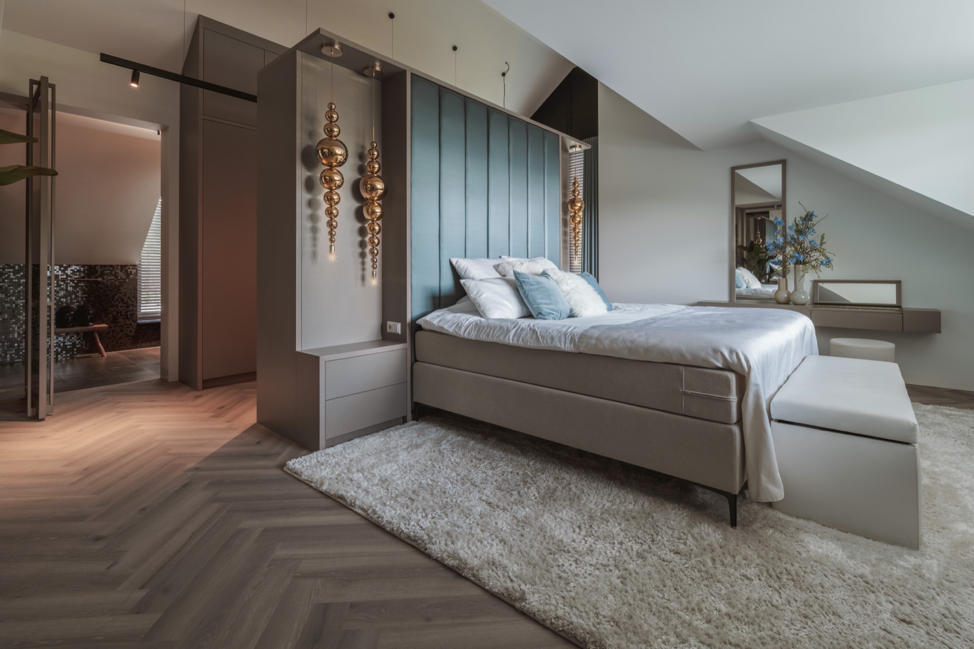 luxury pendant lighting interior: bedroom with luxury bed and spherical pendant lighting near a built-in wall niche, Luxury, Design, Exclusive, Modern, Custom Made, Special, Beautiful