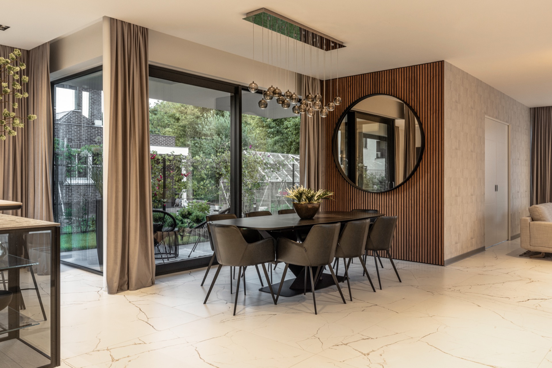 luxury pendant lighting interior: dining area with round mirror, wooden slat wall and spherical pendant lights, Luxury, Design, Exclusive, Modern, Custom Made, Special, Beautiful